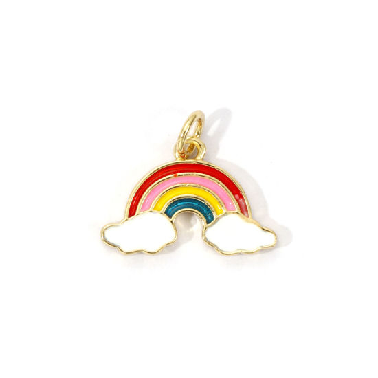 Picture of 2 PCs Eco-friendly Brass Weather Collection Charms 18K Real Gold Plated Multicolor Enamel Rainbow Cloud 17mm x 15mm