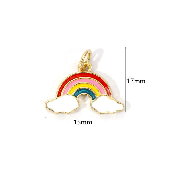 Picture of 2 PCs Eco-friendly Brass Weather Collection Charms 18K Real Gold Plated Multicolor Enamel Rainbow Cloud 17mm x 15mm