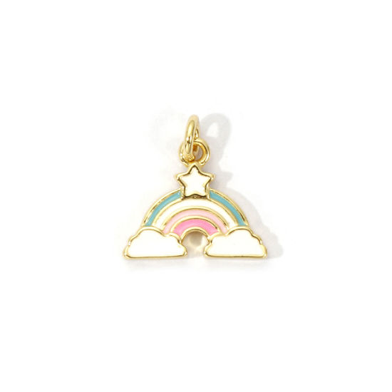 Picture of 2 PCs Eco-friendly Brass Weather Collection Charms 18K Real Gold Plated Multicolor Enamel Rainbow Cloud 13mm x 13mm