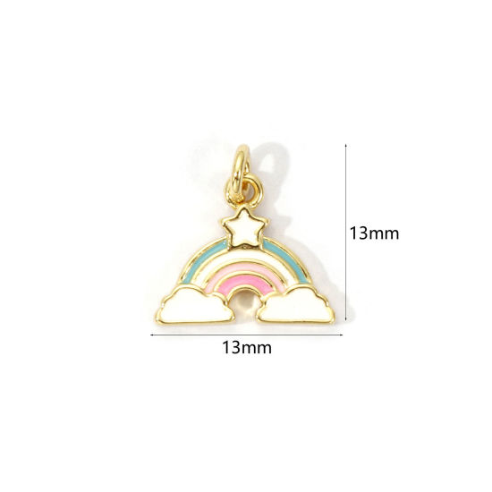 Picture of 2 PCs Eco-friendly Brass Weather Collection Charms 18K Real Gold Plated Multicolor Enamel Rainbow Cloud 13mm x 13mm