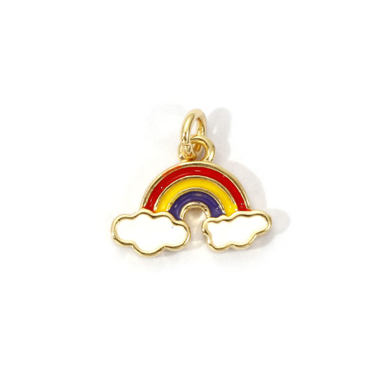 Picture of 2 PCs Eco-friendly Brass Weather Collection Charms 18K Real Gold Plated Multicolor Enamel Rainbow Cloud 13mm x 12mm