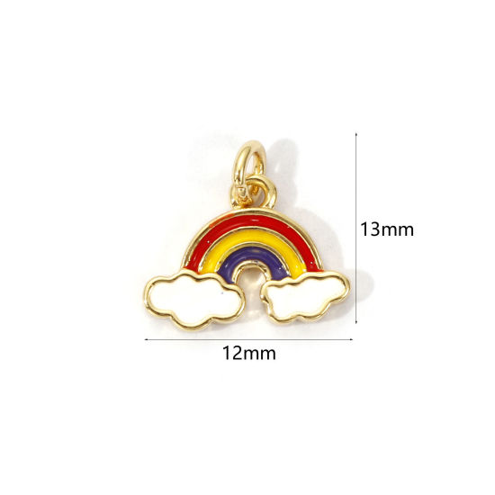 Picture of 2 PCs Eco-friendly Brass Weather Collection Charms 18K Real Gold Plated Multicolor Enamel Rainbow Cloud 13mm x 12mm