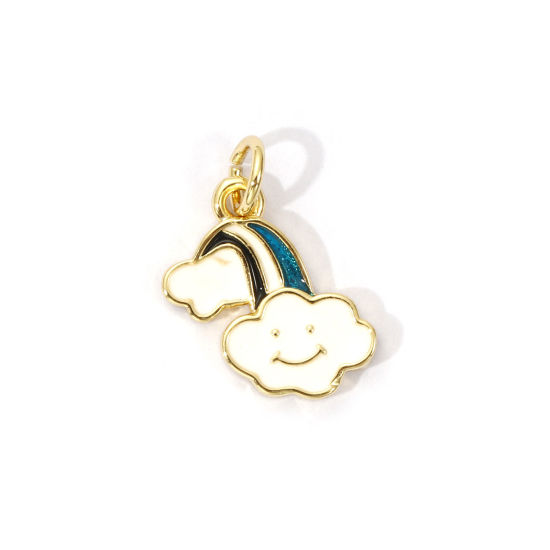 Picture of 2 PCs Eco-friendly Brass Weather Collection Charms 18K Real Gold Plated Multicolor Enamel Cloud Rainbow 18mm x 12mm