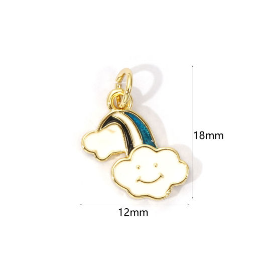 Picture of 2 PCs Eco-friendly Brass Weather Collection Charms 18K Real Gold Plated Multicolor Enamel Cloud Rainbow 18mm x 12mm