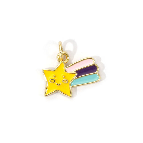 Picture of 2 PCs Eco-friendly Brass Galaxy Charms 18K Real Gold Plated Multicolor Enamel Star Smile 15mm x 15mm