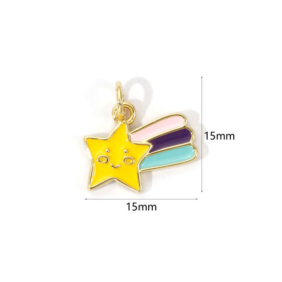 Picture of 2 PCs Eco-friendly Brass Galaxy Charms 18K Real Gold Plated Multicolor Enamel Star Smile 15mm x 15mm