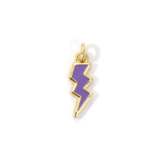 Picture of 2 PCs Eco-friendly Brass Weather Collection Charms 18K Real Gold Plated Purple Enamel Lightning 16mm x 5mm