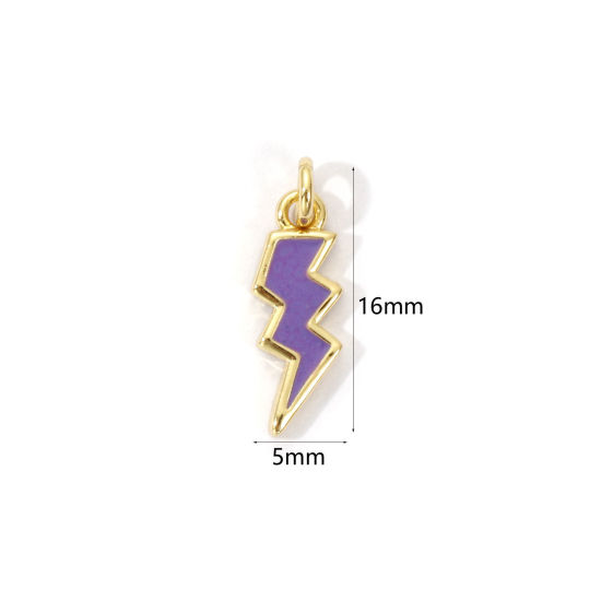 Picture of 2 PCs Eco-friendly Brass Weather Collection Charms 18K Real Gold Plated Purple Enamel Lightning 16mm x 5mm