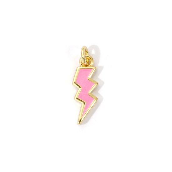 Picture of 2 PCs Eco-friendly Brass Weather Collection Charms 18K Real Gold Plated Pink Enamel Lightning 16mm x 5mm