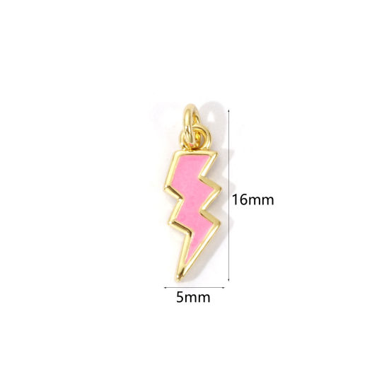 Picture of 2 PCs Eco-friendly Brass Weather Collection Charms 18K Real Gold Plated Pink Enamel Lightning 16mm x 5mm