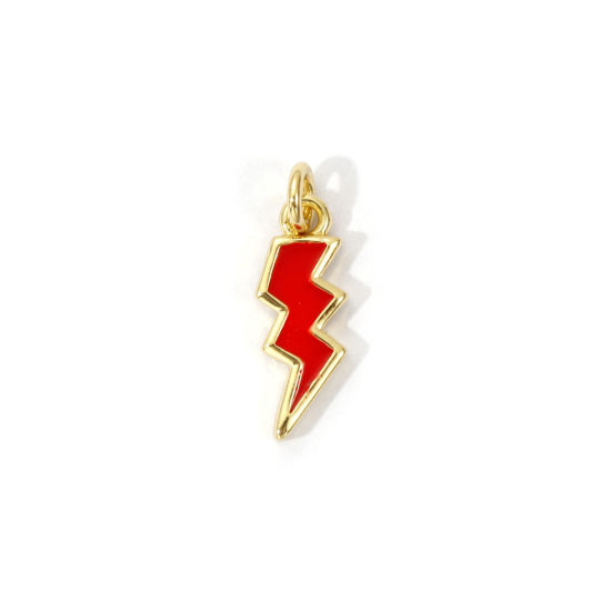 Picture of 2 PCs Eco-friendly Brass Weather Collection Charms 18K Real Gold Plated Red Enamel Lightning 16mm x 5mm