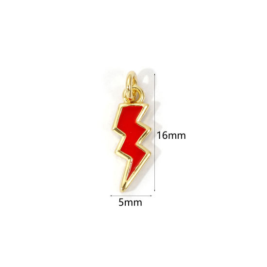 Picture of 2 PCs Eco-friendly Brass Weather Collection Charms 18K Real Gold Plated Red Enamel Lightning 16mm x 5mm