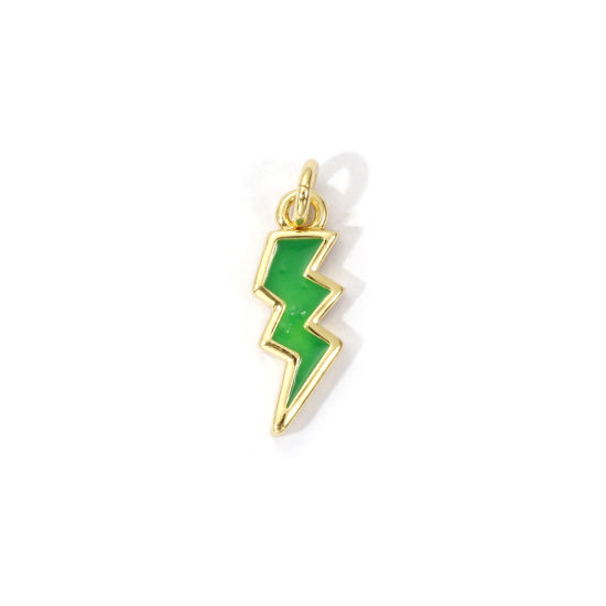 Picture of 2 PCs Eco-friendly Brass Weather Collection Charms 18K Real Gold Plated Green Enamel Lightning 16mm x 5mm