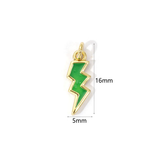 Picture of 2 PCs Eco-friendly Brass Weather Collection Charms 18K Real Gold Plated Green Enamel Lightning 16mm x 5mm