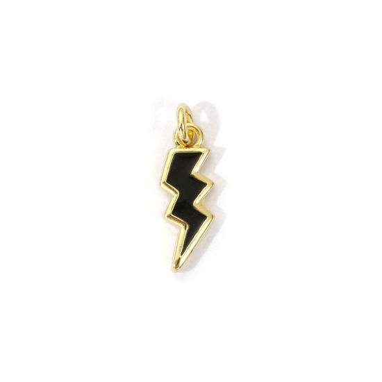Picture of 2 PCs Eco-friendly Brass Weather Collection Charms 18K Real Gold Plated Black Enamel Lightning 16mm x 5mm