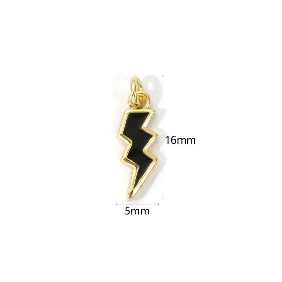 Picture of 2 PCs Eco-friendly Brass Weather Collection Charms 18K Real Gold Plated Black Enamel Lightning 16mm x 5mm