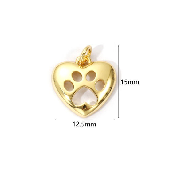 Picture of 2 PCs Eco-friendly Brass Pet Memorial Charms 18K Real Gold Plated Heart Paw Print Hollow 15mm x 12.5mm