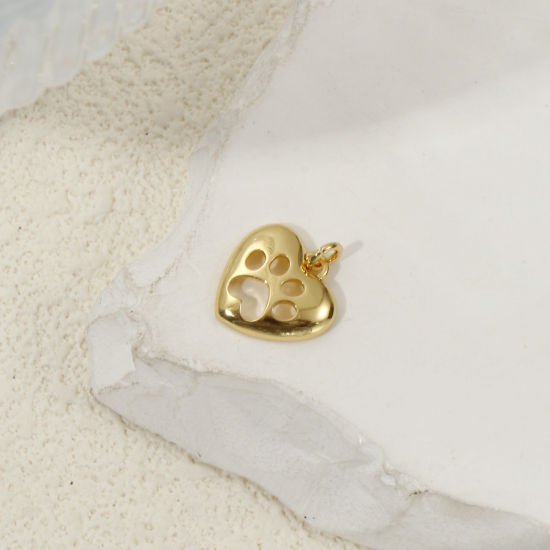 Picture of 2 PCs Eco-friendly Brass Pet Memorial Charms 18K Real Gold Plated Heart Paw Print Hollow 15mm x 12.5mm