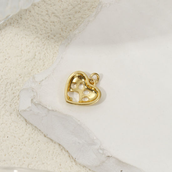 Picture of 2 PCs Eco-friendly Brass Pet Memorial Charms 18K Real Gold Plated Heart Paw Print Hollow 15mm x 12.5mm