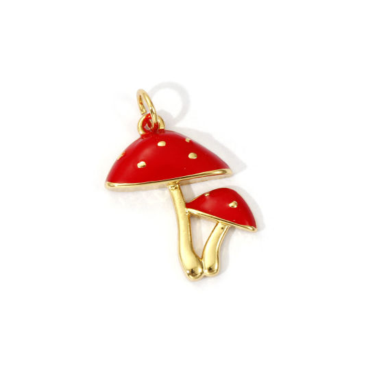 Imagen de 2 Unidades Respetuoso del Medio Ambiente Latón Colgantes 18K Oro Real Chapado Rojo Esmalte Seta 23mm x 16mm