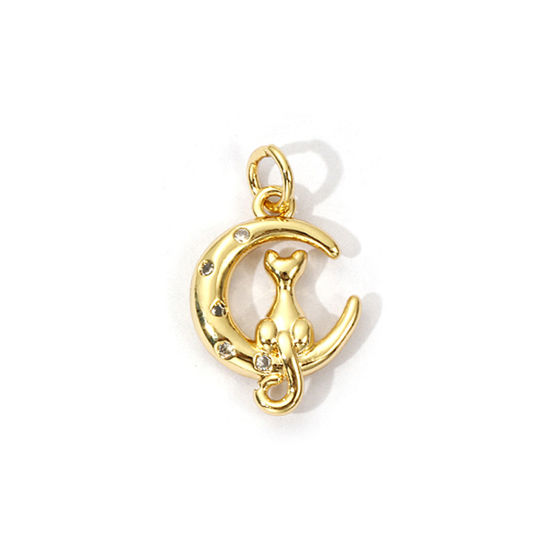 Picture of 2 PCs Eco-friendly Brass Galaxy Charms 18K Real Gold Plated Crescent Moon Cat Micro Pave Clear Cubic Zirconia 20mm x 12mm