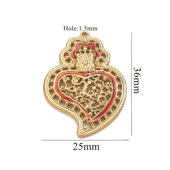 Изображение 1 Piece Eco-friendly PVD Vacuum Plating 304 Stainless Steel Pendant Charm Necklace 18K Gold Plated Red Heart Enamel 25mm x 36mm