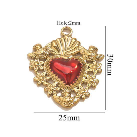 Изображение 1 Piece Eco-friendly PVD Vacuum Plating 304 Stainless Steel Pendant Charm Necklace 18K Gold Plated Red Heart Enamel 25mm x 30mm