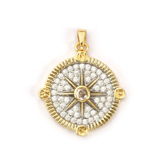 Bild von 1 Piece Brass Travel Pendants 18K Gold Plated & Platinum Plated Compass Two Tone Clear Cubic Zirconia 3.1cm x 2.4cm