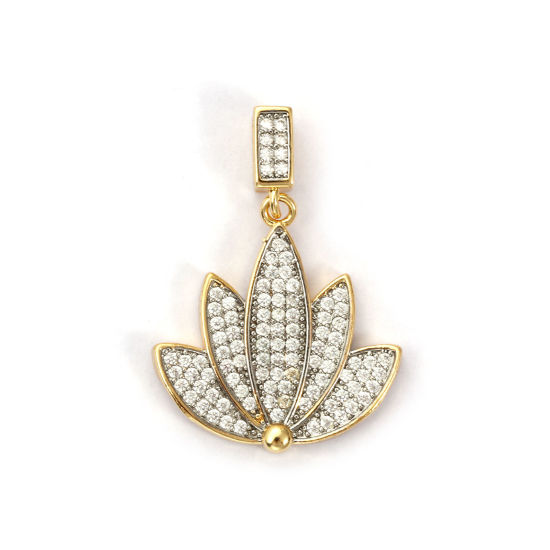 Bild von 1 Piece Brass Pendants 18K Gold Plated & Platinum Plated Lotus Flower Two Tone Clear Cubic Zirconia 3.1cm x 2.2cm