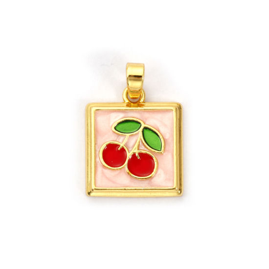 Immagine di 2 PCs Brass Charm Pendant 18K Gold Plated Pink Enamel Square Cherry Fruit 21mm x 14mm
