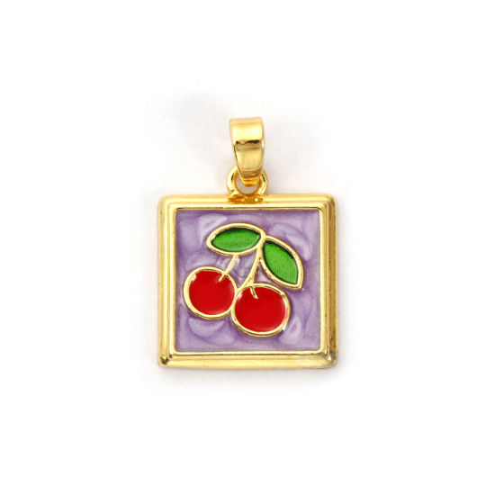 Immagine di 2 PCs Brass Charm Pendant 18K Gold Plated Purple Enamel Square Cherry Fruit 21mm x 14mm