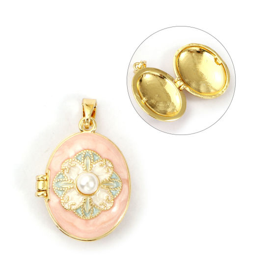 Picture of 1 Piece Brass Picture Photo Locket Frame Pendants 18K Gold Plated Peachy Beige Enamel Oval Flower Acrylic Imitation Pearl 27mm x 17mm