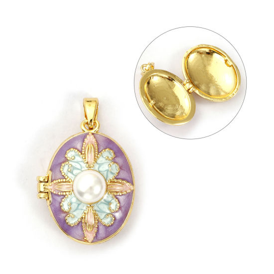 Picture of 1 Piece Brass Picture Photo Locket Frame Pendants 18K Gold Plated Purple Enamel Oval Flower Acrylic Imitation Pearl 27mm x 17mm