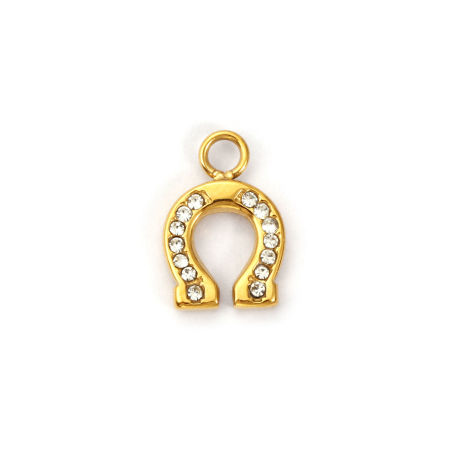 1 Stück Umweltfreundliche PVD-Vakuumbeschichtung 304 Edelstahl West-Cowboy Charms 18K Echtgold plattiert Hufeisen Klar Zirkonia 14mm x 9.5mm