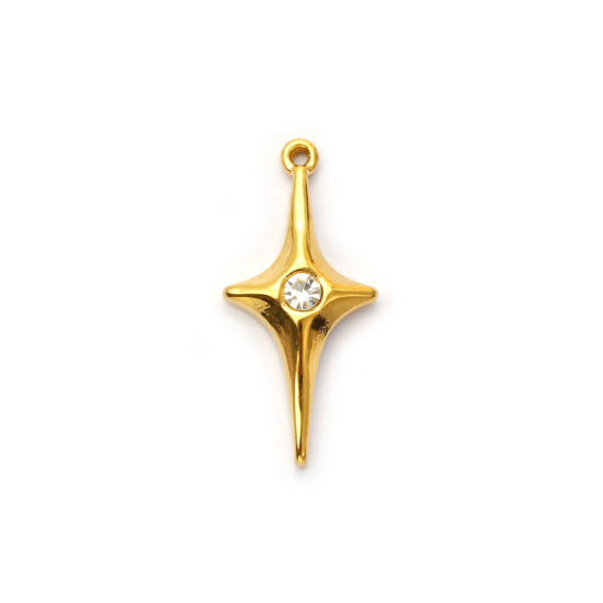 Picture of 2 PCs Eco-friendly PVD Vacuum Plating 304 Stainless Steel Galaxy Charms 18K Real Gold Plated Star Clear Rhinestone 27mm x 13mm