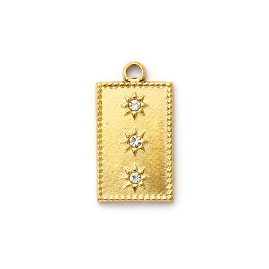 Picture of 2 PCs Eco-friendly PVD Vacuum Plating 304 Stainless Steel Galaxy Charms 18K Real Gold Plated Rectangle Star Clear Rhinestone 28mm x 16mm