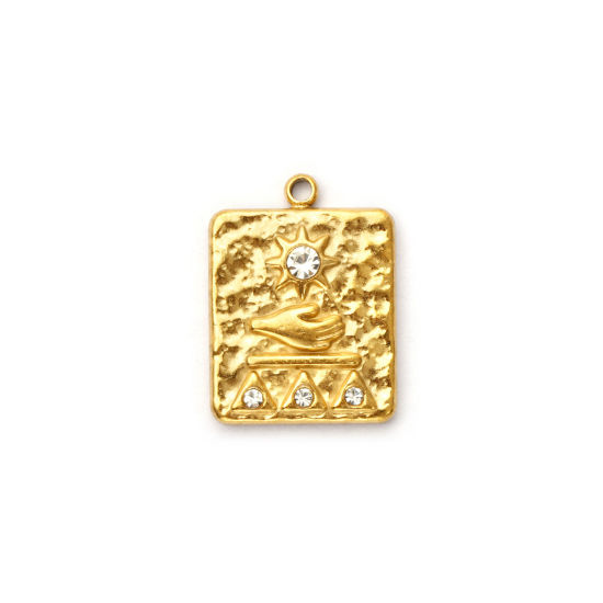 Picture of 2 PCs Eco-friendly PVD Vacuum Plating 304 Stainless Steel Maya Charms 18K Real Gold Plated Rectangle Hand Clear Rhinestone 18mm x 13mm