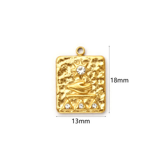 Picture of 2 PCs Eco-friendly PVD Vacuum Plating 304 Stainless Steel Maya Charms 18K Real Gold Plated Rectangle Hand Clear Rhinestone 18mm x 13mm