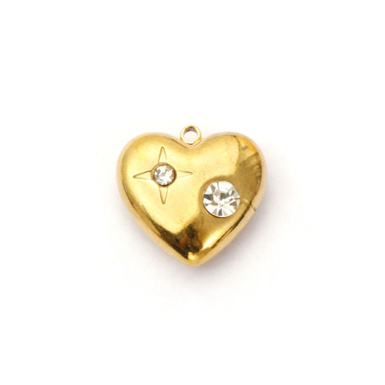 Picture of 2 PCs Eco-friendly PVD Vacuum Plating 304 Stainless Steel Valentine's Day Charms 18K Real Gold Plated Heart Star Clear Rhinestone 17mm x 16.5mm