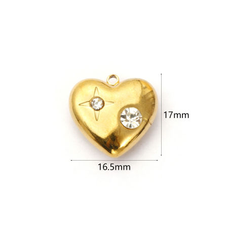 Picture of 2 PCs Eco-friendly PVD Vacuum Plating Waterproof Anti-Tarnish Hypoallergenic 304 Stainless Steel Valentine's Day Charms 18K Real Gold Plated Heart Star Clear Rhinestone 17mm x 16.5mm