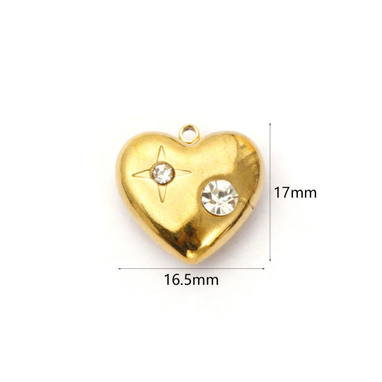 Picture of 2 PCs Eco-friendly PVD Vacuum Plating 304 Stainless Steel Valentine's Day Charms 18K Real Gold Plated Heart Star Clear Rhinestone 17mm x 16.5mm