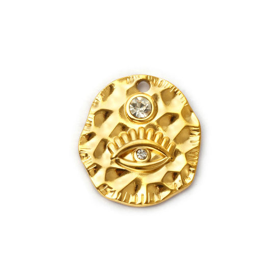 Picture of 2 PCs Eco-friendly PVD Vacuum Plating 304 Stainless Steel Religious Charms 18K Real Gold Plated Irregular Eye of Providence/ All-seeing Eye Clear Rhinestone 25mm x 23mm