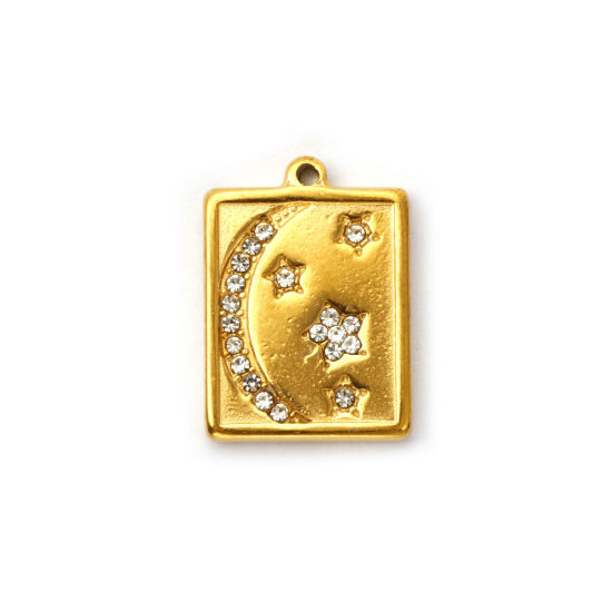 Picture of 2 PCs Eco-friendly PVD Vacuum Plating 304 Stainless Steel Galaxy Charms 18K Real Gold Plated Rectangle Star Clear Rhinestone 21mm x 15mm