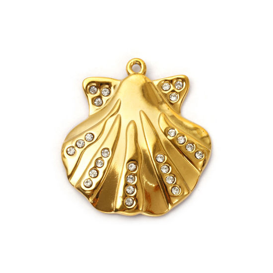 Picture of 1 Piece Eco-friendly PVD Vacuum Plating 304 Stainless Steel Pendants 18K Real Gold Plated Shell Clear Rhinestone 3.6cm x 3.3cm