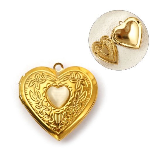 Picture of 1 Piece Eco-friendly PVD Vacuum Plating 304 Stainless Steel Valentine's Day Picture Photo Locket Frame Pendants 18K Real Gold Plated White Heart Can Open 29mm x 29mm