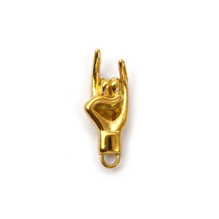 Picture of 2 PCs Eco-friendly PVD Vacuum Plating Waterproof Anti-Tarnish Hypoallergenic 304 Stainless Steel Charms 18K Real Gold Plated Rock N Roll Hand Sign Gesture 3D 28mm x 11mm
