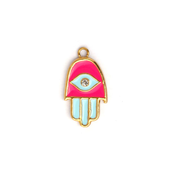 Picture of 1 Piece Eco-friendly PVD Vacuum Plating 304 Stainless Steel Religious Charms 18K Real Gold Plated Fuchsia Enamel Hamsa Symbol Hand Clear Rhinestone 20.5mm x 11mm