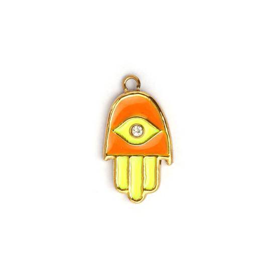 Picture of 1 Piece Eco-friendly PVD Vacuum Plating 304 Stainless Steel Religious Charms 18K Real Gold Plated Orange Enamel Hamsa Symbol Hand Clear Rhinestone 20.5mm x 11mm