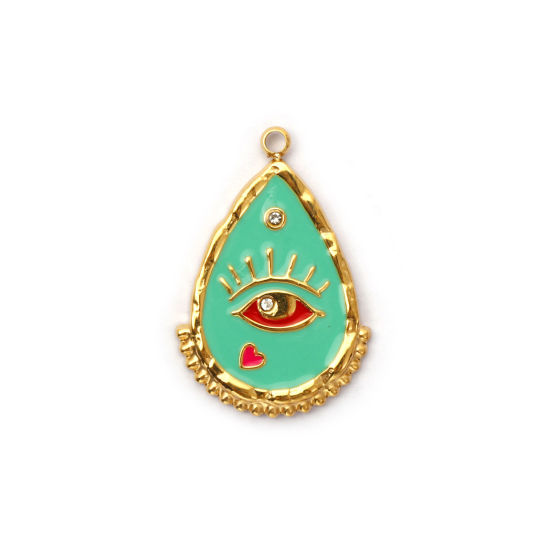 Picture of 1 Piece Eco-friendly PVD Vacuum Plating 304 Stainless Steel Religious Charms 18K Real Gold Plated Mint Green Enamel Drop Eye of Providence/ All-seeing Eye Clear Rhinestone 27mm x 18mm