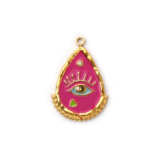 Picture of 1 Piece Eco-friendly PVD Vacuum Plating 304 Stainless Steel Religious Charms 18K Real Gold Plated Fuchsia Enamel Drop Eye of Providence/ All-seeing Eye Clear Rhinestone 27mm x 18mm